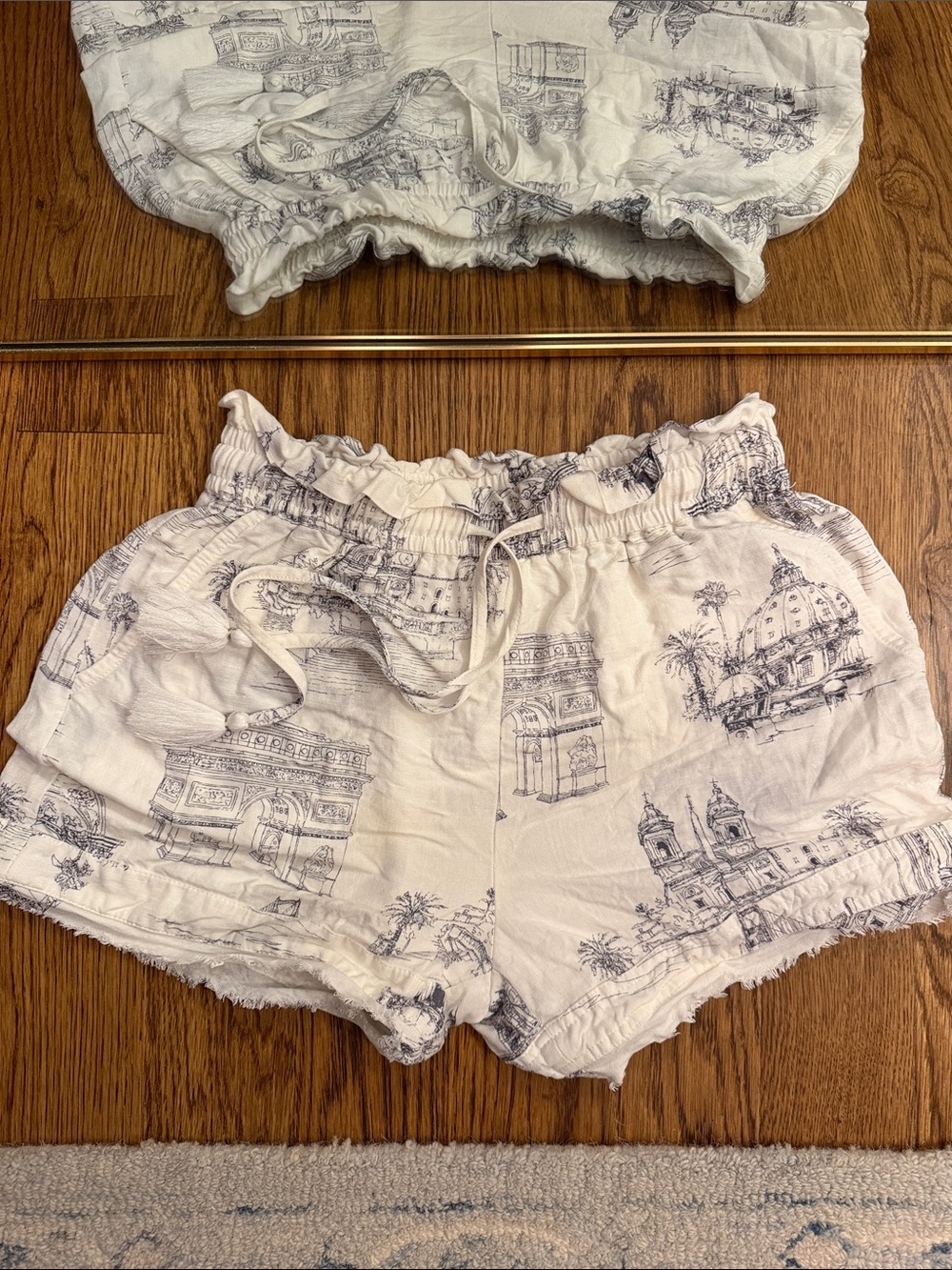 White Drawstring Linen-Blend Printed Shorts